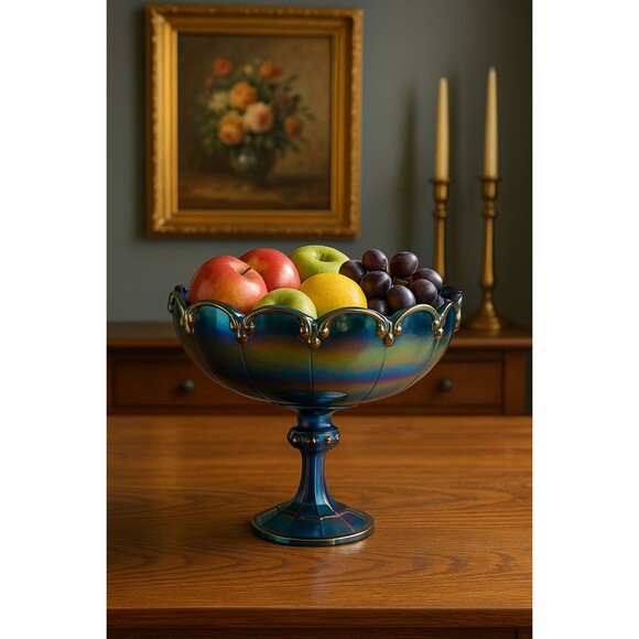 Indiana Carnival Glass Other - Vintage Indiana Glass Blue Carnival Glass Footed Compote – Teardrop Garland 8.5"